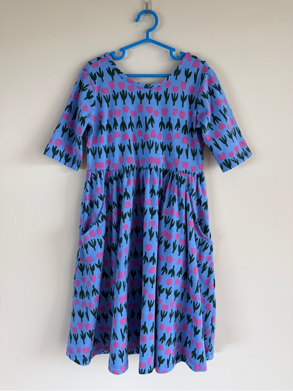 Hanna Andersson Girls Skater Dress Size 8 Blue Pink Tulip Print Pockets Cotton